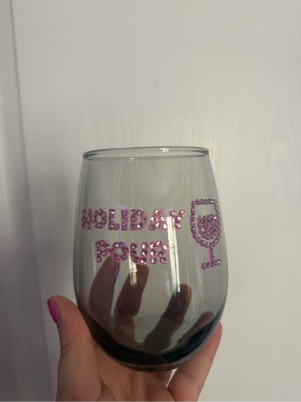 Holiday Pour Pink Rhinestone Stemless Wine Glass